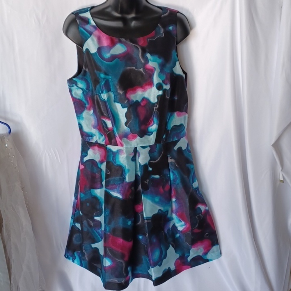 Kensie Blue & Pink Frost Combo Sprayed Floral Print Dress, L, EUC